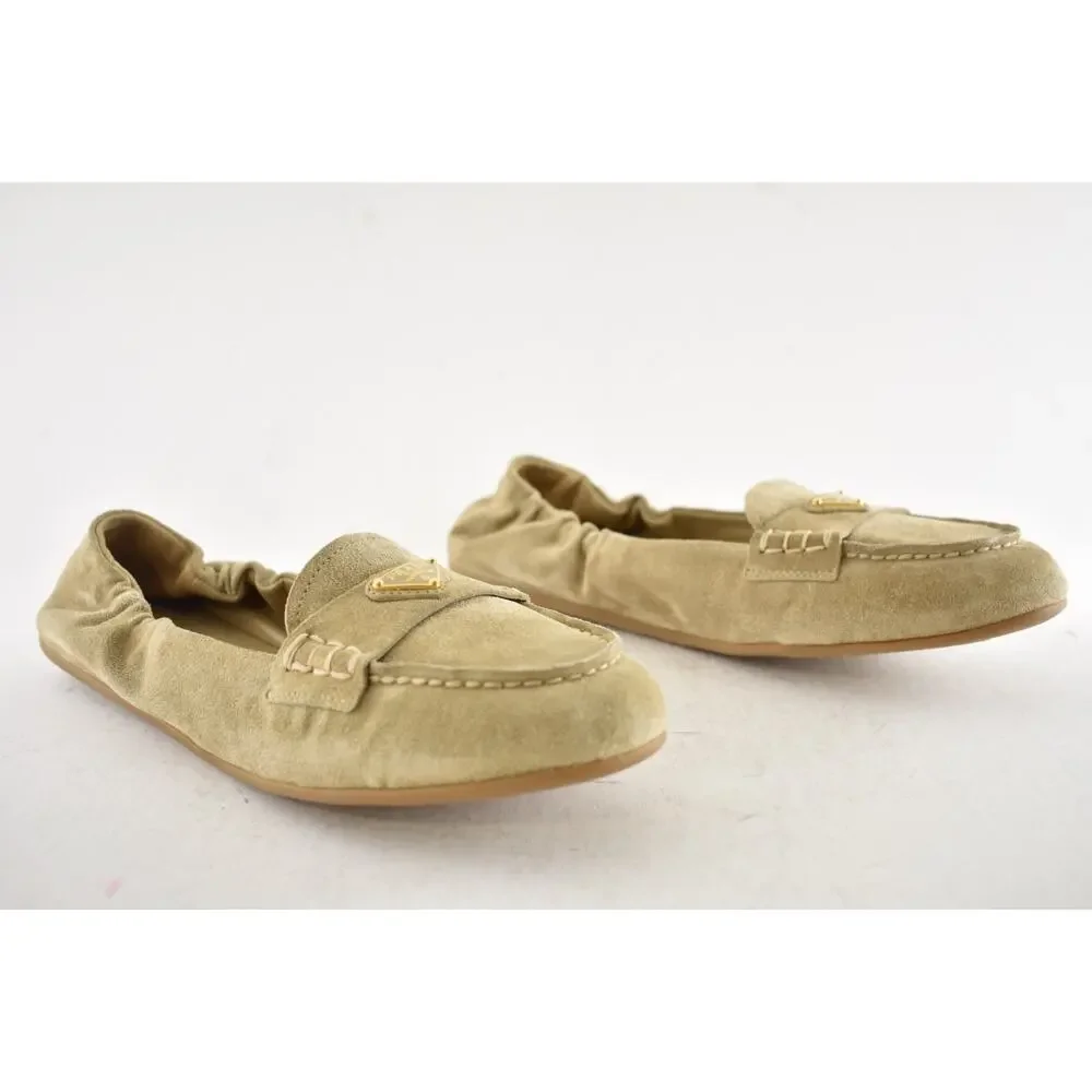Prada Ecru Beige Suede Logo Scrunch Loafer Ballerina Ballet Moccasin Flat 38 - Picture 4 of 16